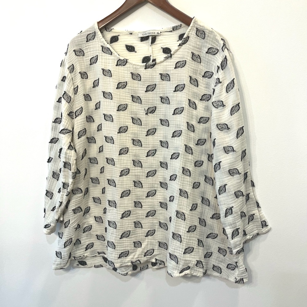 Cut loose gauzy cotton leaf print blouse black white 3/4 sleeve relaxed fit XL - Picture 2 of 6